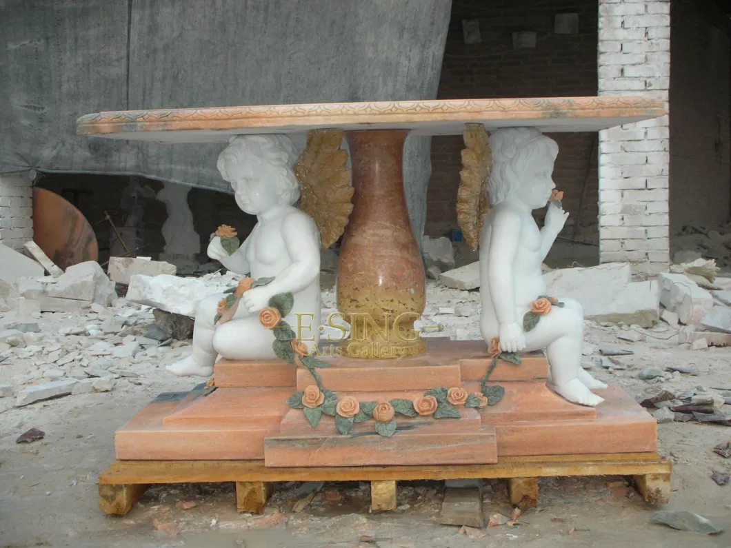 Hand Carved Round Natural Red Marble Table with Flower Carving for Garden