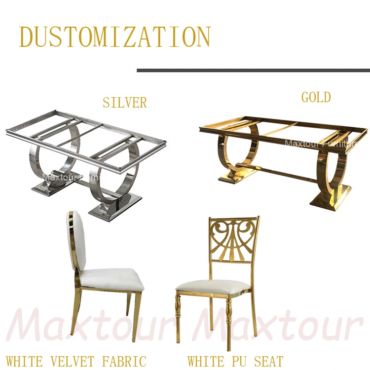 Luxury Wedding Event Party Furniture Gold Stainless Steel White PU Seat High Back Dining Chairs