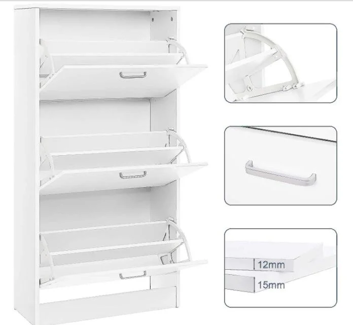 Shoe Cabinet Shoe Rack Flip Down Entryway Storage 3 Tier with 3 Slanted Drawers (Wood, White)