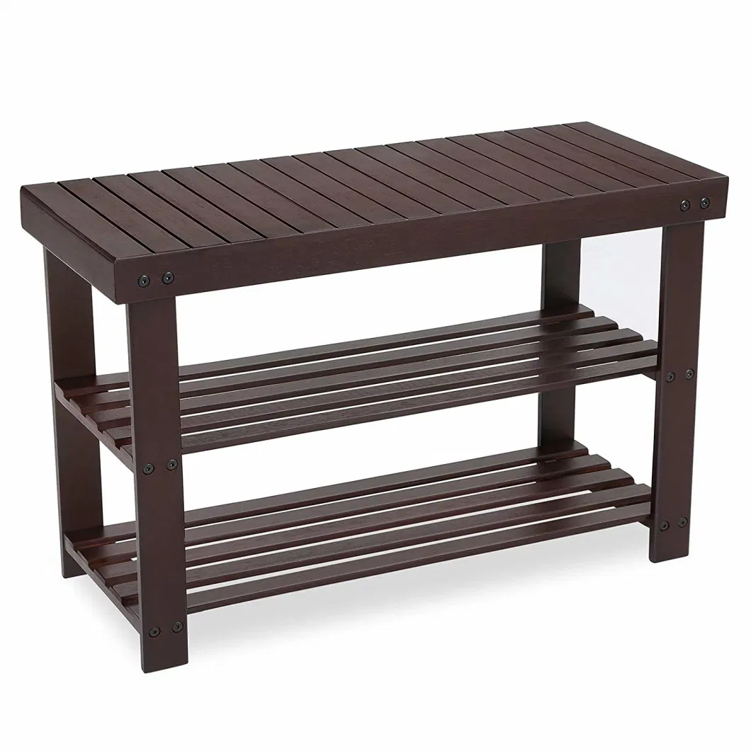 Home Furniture Brown 3-Tier MDF Bamboo Shoe Rack Bench with Storage Shelf