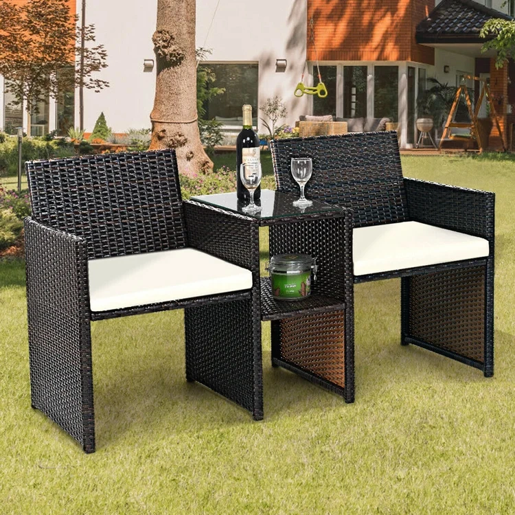 Outdoor Wicker Rattan 3 Pieces Patio Conversation Sets Garden Furniture Sets Bistro Sofa Set