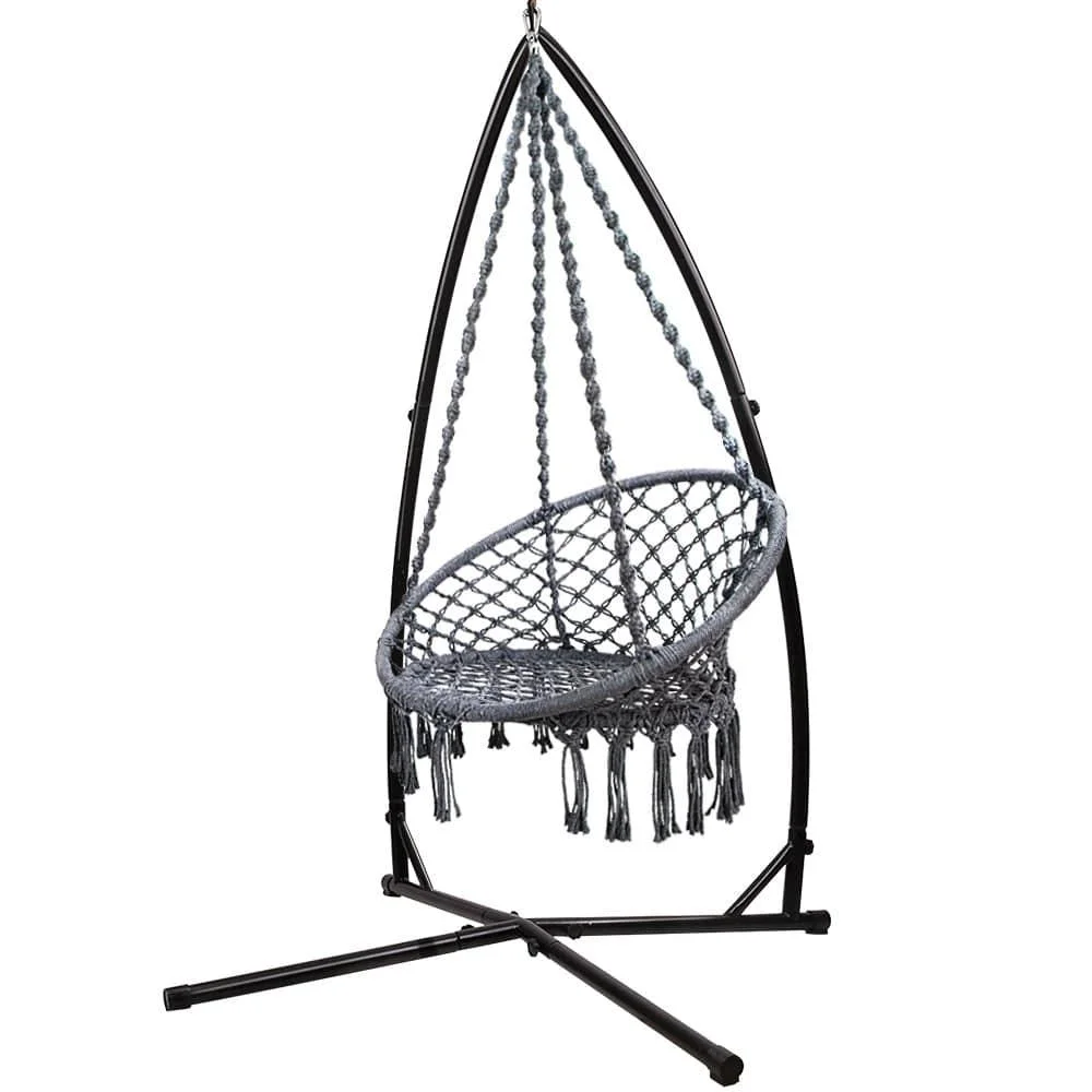 Garden Outdoor Hammock Chair Cotton Rope Swing Tassel Hanging Chair with Steel Stand