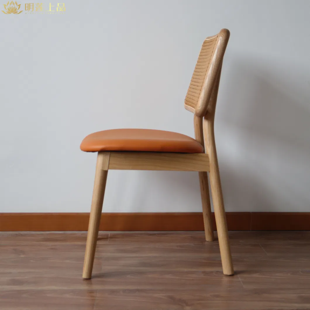 Modern Design Solid Wood Cafe Chair Dining Room Furniture Orange Leather Upholstered Chair Rattan Weaving Wooden Chair