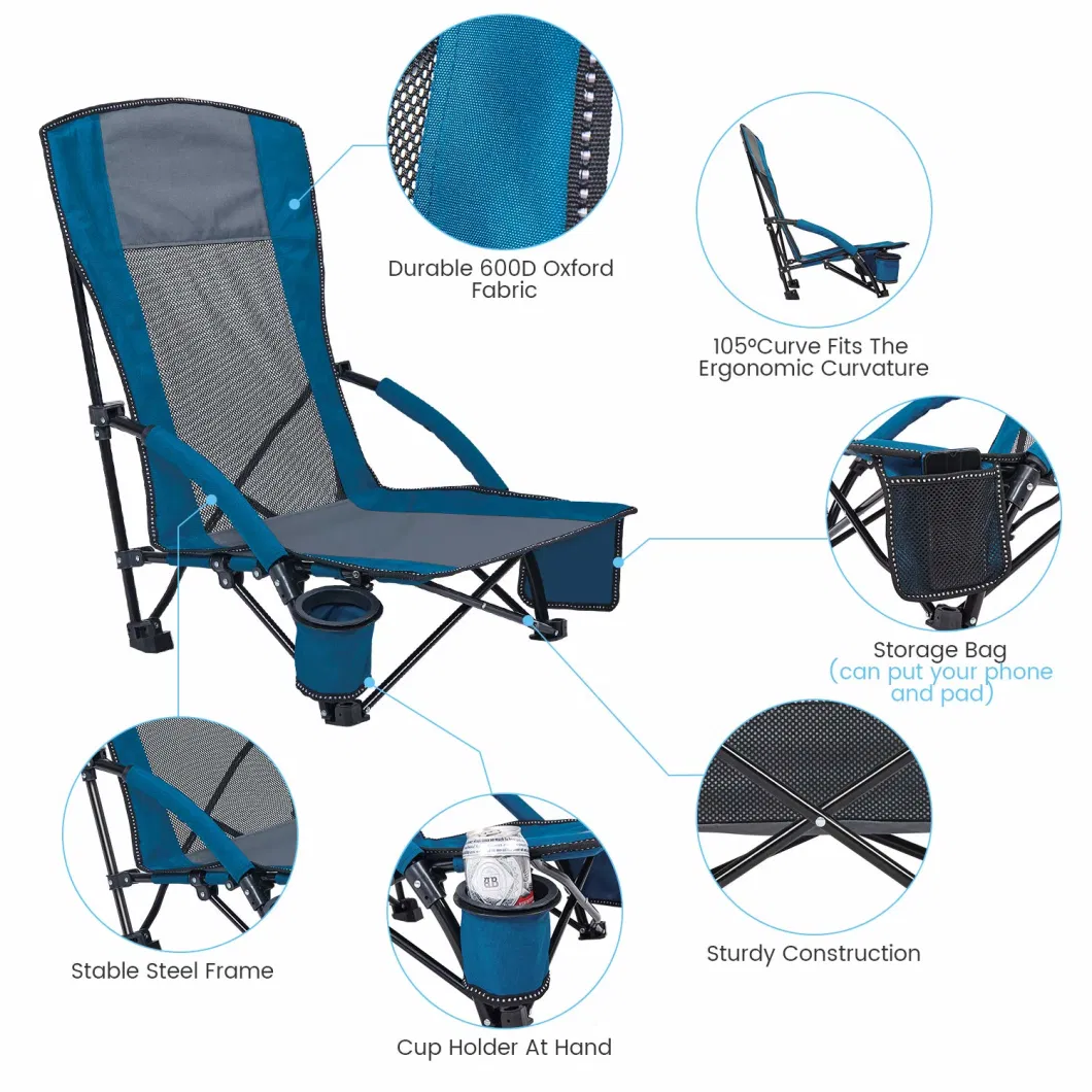 High Back Mesh Carry Bag Adults Low Seat Lightweight Folding Beach Chair