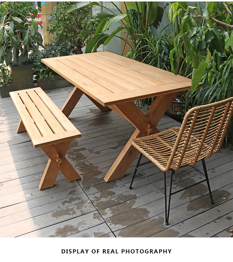 New Rattan +Teak Wood OEM Garden Table Benches Dining Set