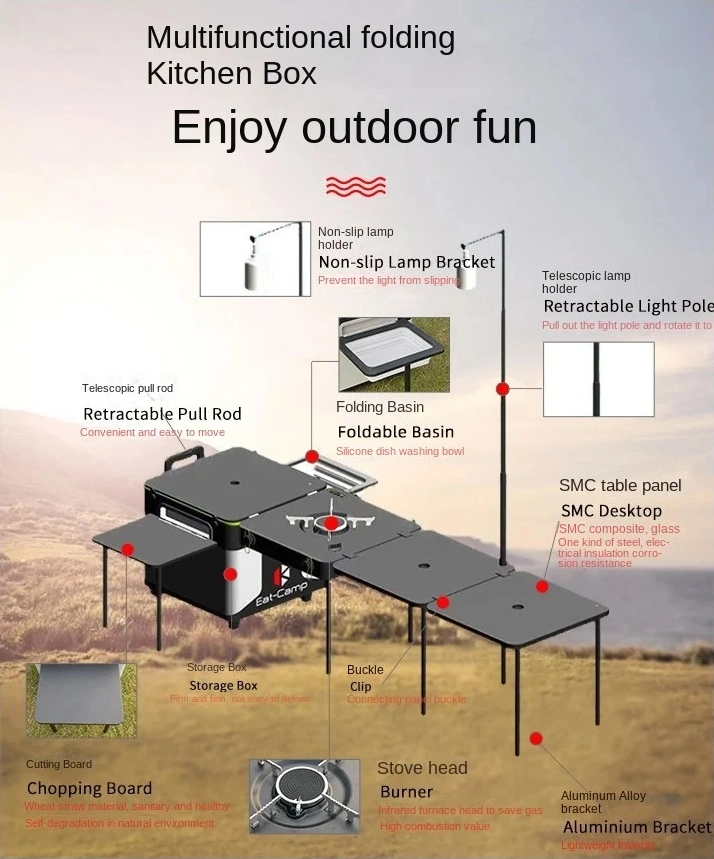 Portable Mobile Kitchen Equipped with Foldable Cooking Table and Storage Table for Outdoor Camping and Picnics