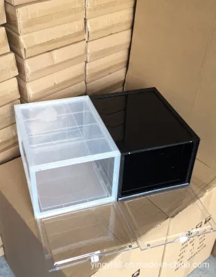  Dimensioni personalizzate con logo apertura laterale plastica acrilica trasparente con gocce impilabili Scatola pattini anteriori