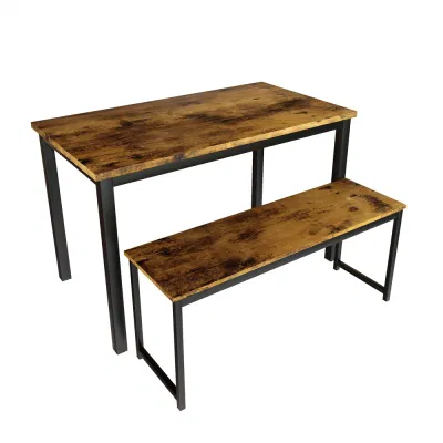  Set tavolo da pranzo in acciaio e legno con 2 banchi