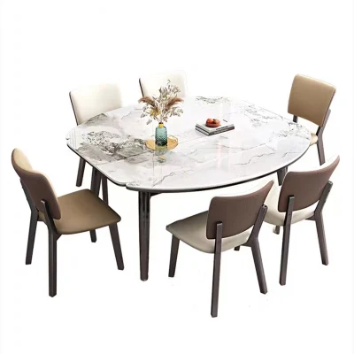  Tavolo da pranzo Set Free esempio Classico 4/6 posti a sedere fibra moderna Gamba in metallo con piano di vetro quadrato e sedia in PU imbottita Set di tavoli