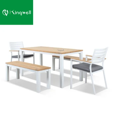  Sedia da pranzo all&prime;aperto in alluminio bianco con tavolo in legno di teak e. Banco