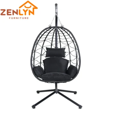  Giardino all&prime;aperto patio Black Rattan Lounge KD stile Rope Swing Sedia pieghevole con aggancio in vimini resistente ai raggi UV