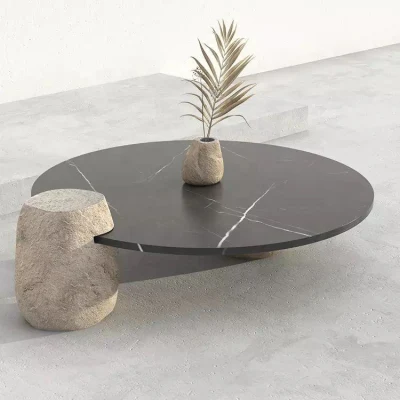  Piano da tavolo esterno in marmo nero Marquina Design moderno personalizzato Grande Round River pietra Giardino Tavolino in marmo