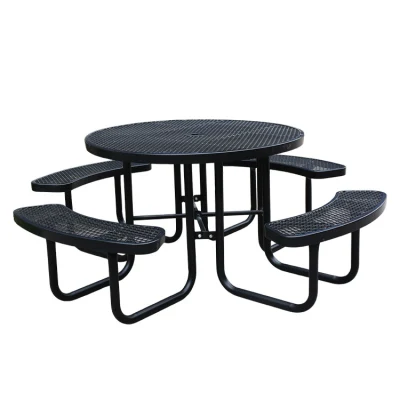  Esterno patio Mobili cerchio acciaio picnic tavolo da campeggio con panca Tavolo da pranzo rotondo in metallo per impieghi pesanti e sedia