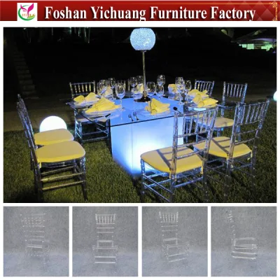 2018 nuovo design all&prime;ingrosso impilabile PC patio trasparente trasparente Sedia Chiavari in plastica acrilica in resina per banchetti nuziali Party (YC-A168)
