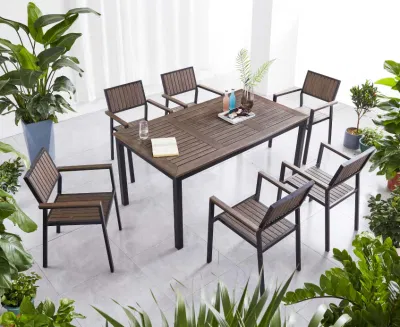  Nuovo design legno di plastica Easy Clean Mobili da pranzo per esterni Set Tavolo Retangular sedia bracciolo, set da pranzo all&prime;aperto