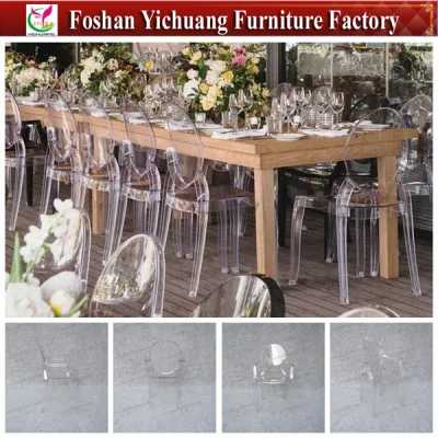 2018 nuovo design all&prime;ingrosso impilabile PC patio trasparente trasparente Sedia Chiavari in plastica acrilica in resina per banchetti nuziali Party (YC-A168)