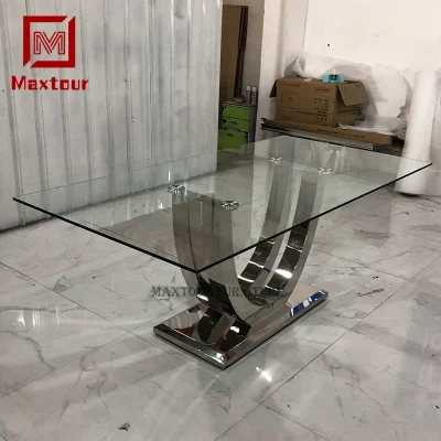 Tavolo e sedie in acciaio inox per la sala da pranzo Mobili da pranzo Dining Set da tavolo 6 sedie di vetro Top