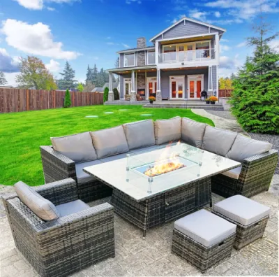  Angolo Rattan con tavolo da pranzo a gas Firepit Giardino all&prime;aperto Mobili patio
