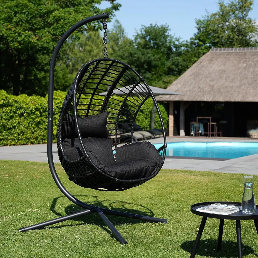 Outdoor Garden Chair Black Folding Swing UV Resistant Wicker Hanging Lounge PE Rattan Swing Chair