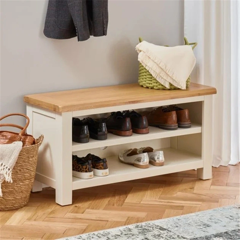 Wooden 2-Tier Cream Painted Shoes Rack Organizer Shoe Storage Bench Cabinet for The Hallway Furniture