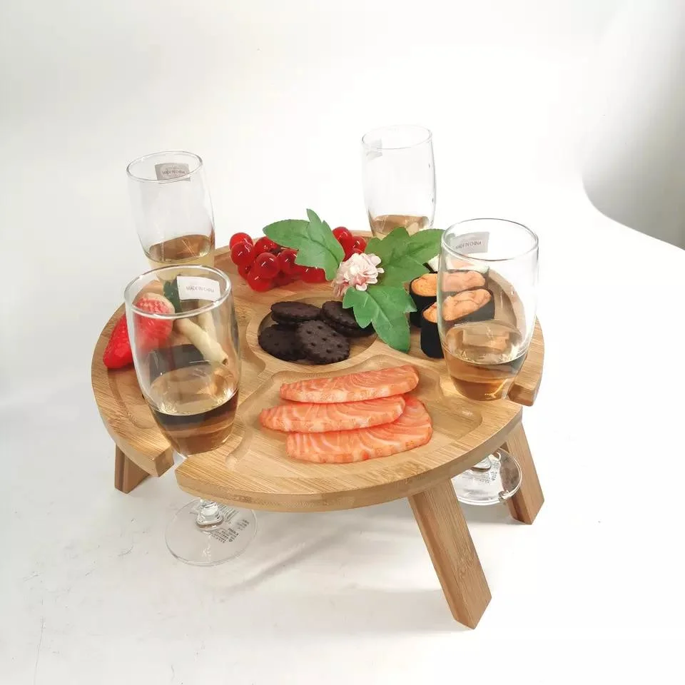 Portable Foldable Outdoor Food Serving Tray Round Snack Holder 5 Girds Picnic Table with Wine Holder