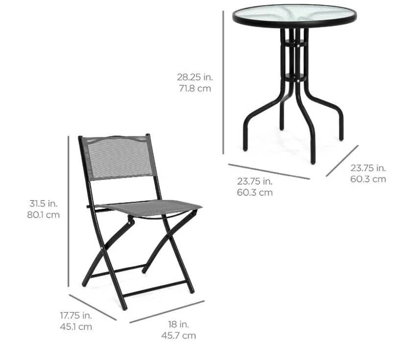 3-Piece Patio Bistro Dining Furniture Set with Folding Chairs and Glass Tabletop