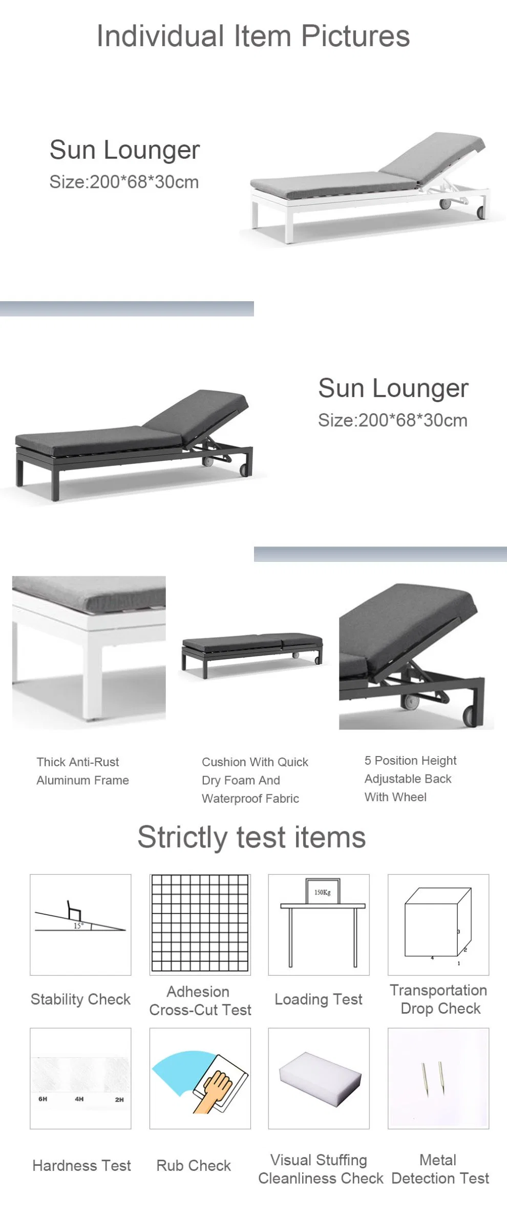 Beach Modern Durable Aluminum Outdoor Furniture Chaise Lounge for Hotel