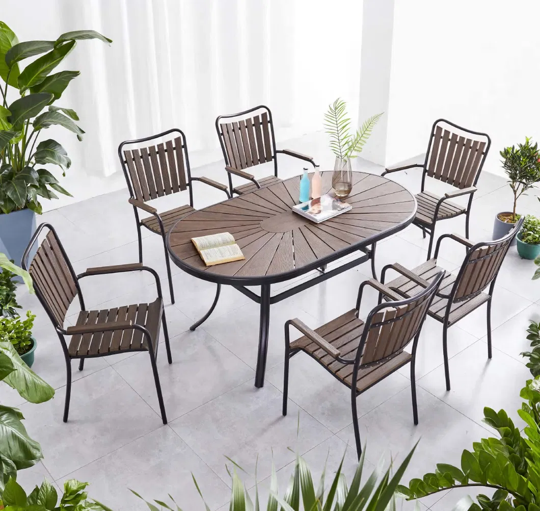 New Design Plastic Wood Easy Clean Outdoor Dining Furniture Set Retangular Table Armrest Chair Outdoor Dining Set