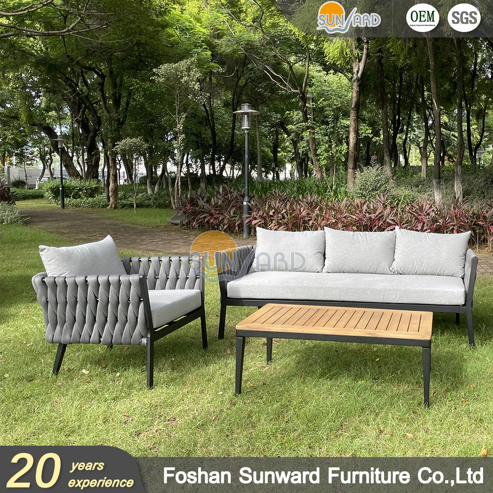 Chinese Modern Luxury Garden Patio Outdoor Leisure Furniture Set Polyester Rope Wicker Rattan Woven FSC Teak Wood Sofa