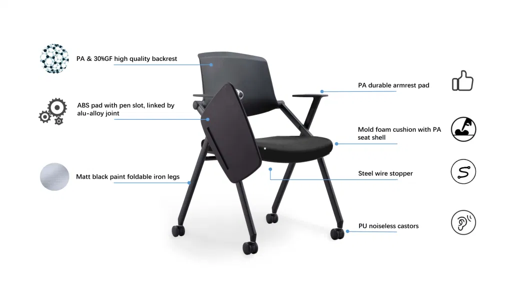 Foshan Factory Hot Sell Foldable Space Saving Durable Molded Seat Meeting Training Chair with Writing Board in Mesh