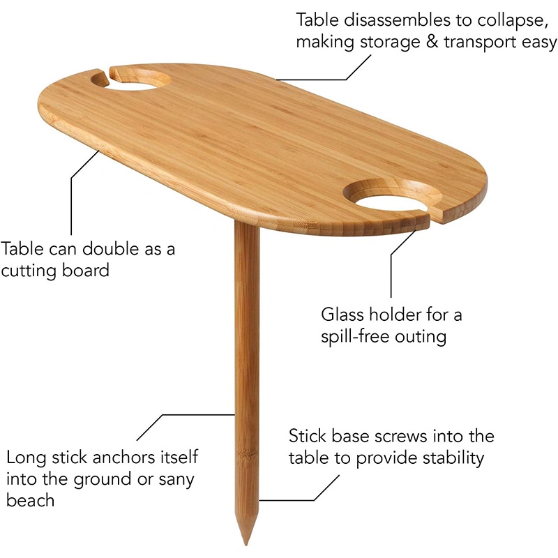 Bamboo Outdoor Picnic Camping Ground Stake Table for Glass, Beach, or Other Soft Floor