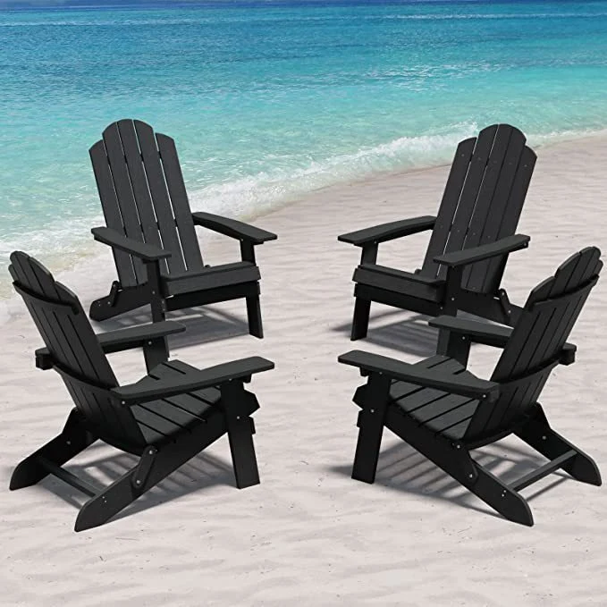 Folding Adirondack Chair Wooden Textured with Cup Holder All-Weather HDPE Comfortable Set