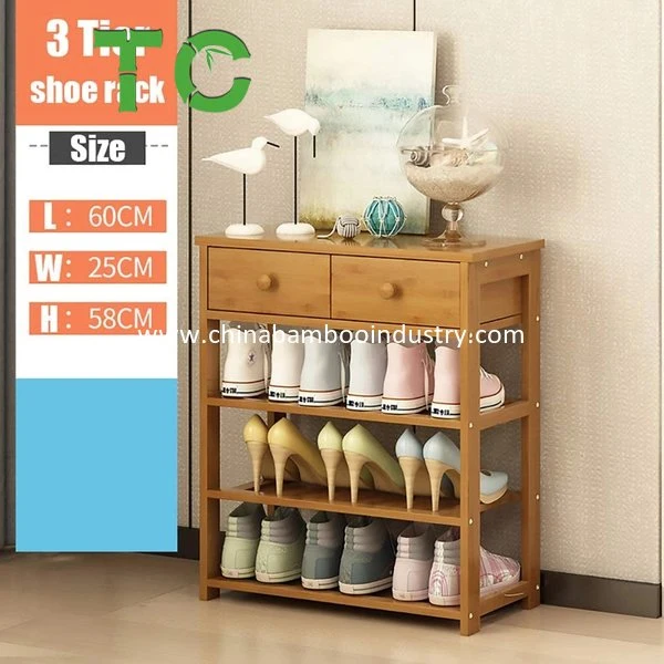 3 Tier Bamboo Shoe Rack Entryway Storage Rack with Drawer Storage Cabinet Shoe Organizer Multifunctional Free Standing Shoe Shelf