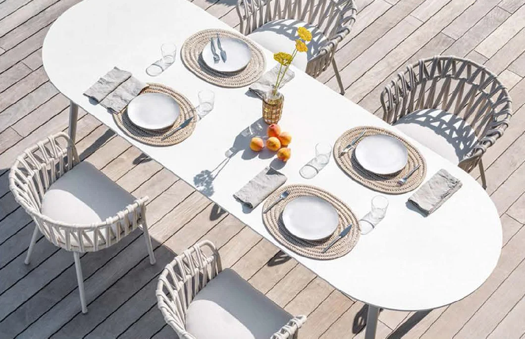 Hotel Cafe Shop Outdoor Furniture Dining Table Armrest Rattan Rope Chair Set Aluminum Leg Villa Garden Patio Dining Set