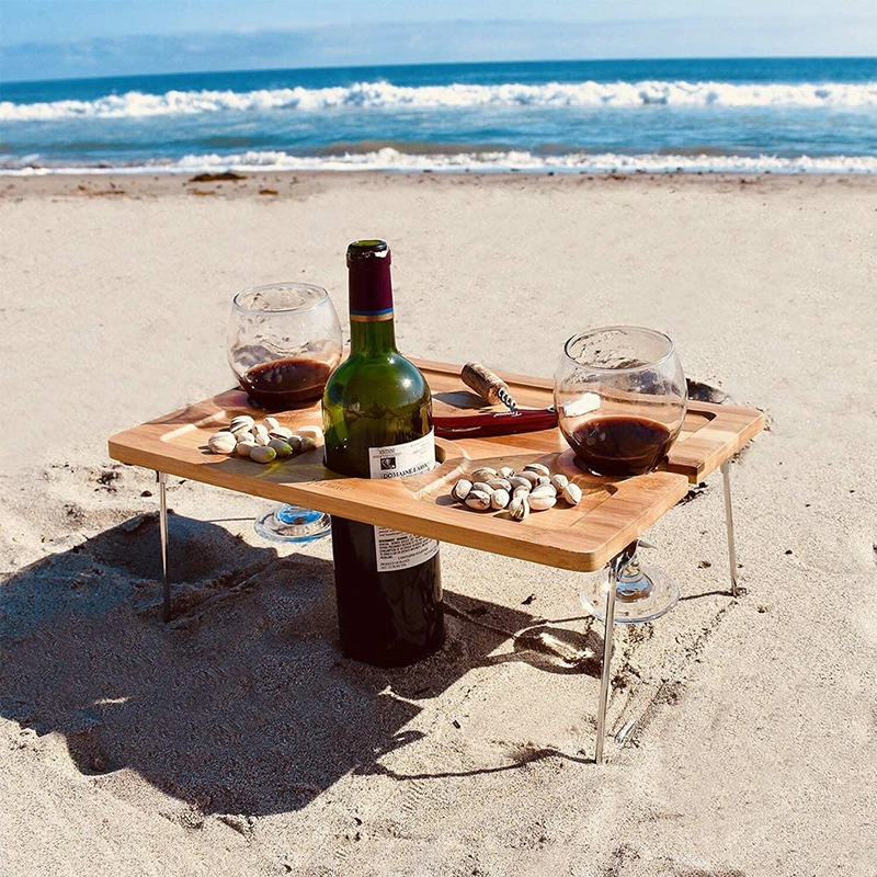 Outdoor Bamboo Picnic Wine Table with Glasses and Bottle Holder and Foldable Metal Base Tables