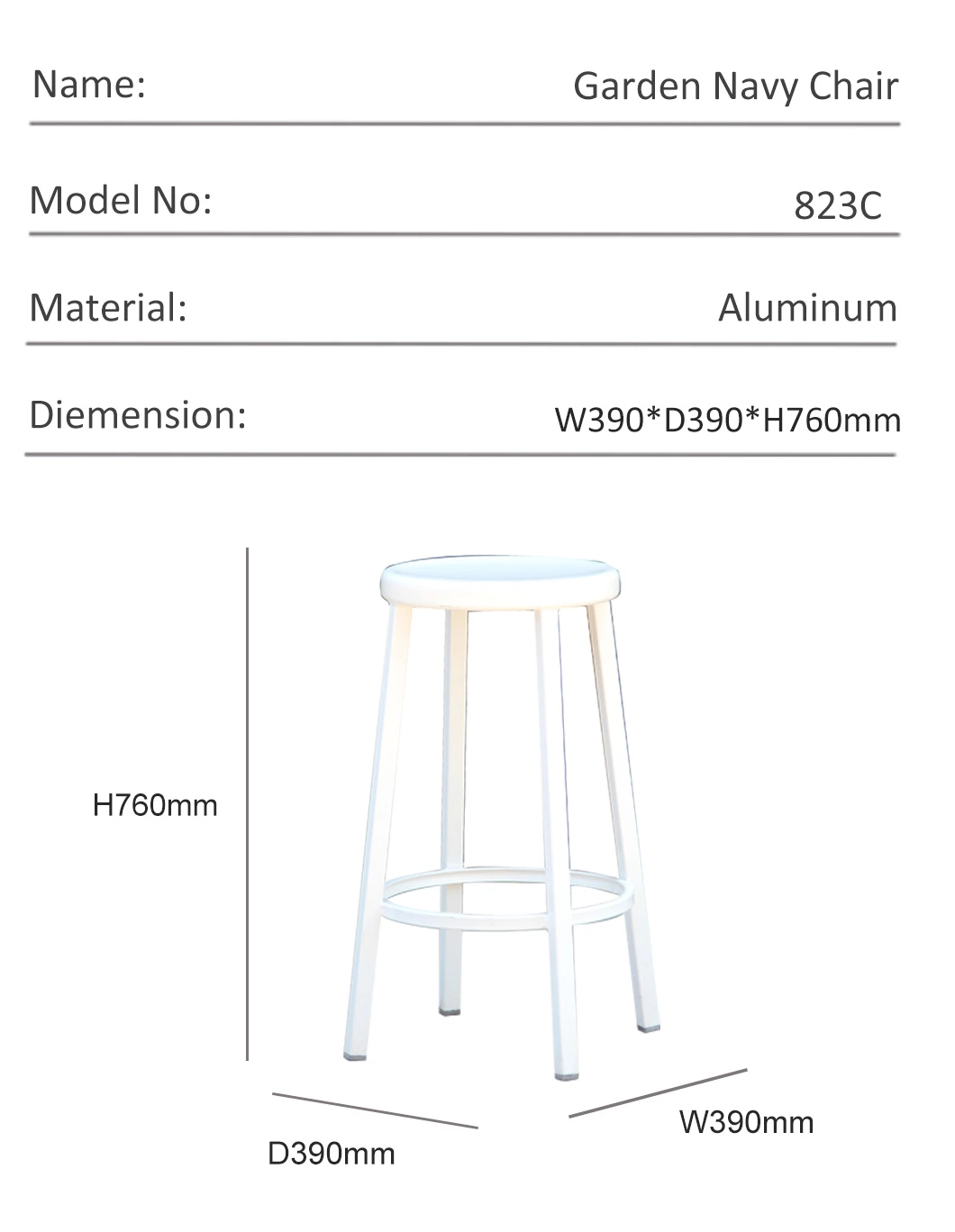 Modern Leisure Comfortable Garden Dining Chairs Aluminum White Stool Round Outdoor Chair