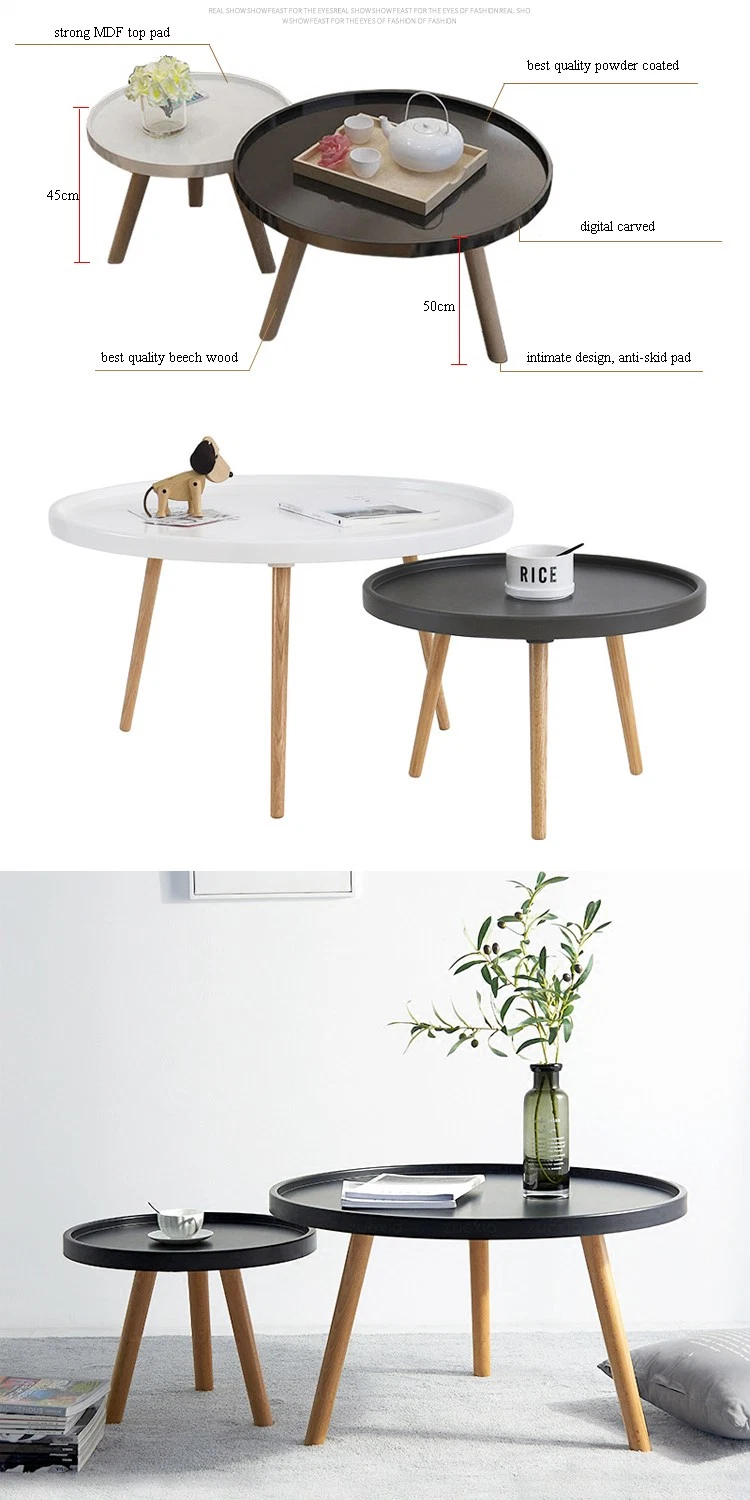 Wholesale Home Garden Living Room Furniture Table Set White Round Solid Wood Coffee Table with Solid Wooden Legs