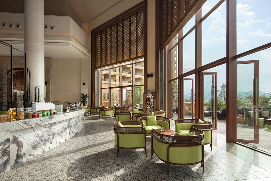 Hilton Hotel Lobby Furniture Lounge Areas Modern Wooden Chair Luxury Hotel Restaurant Cafe Table and Chairs