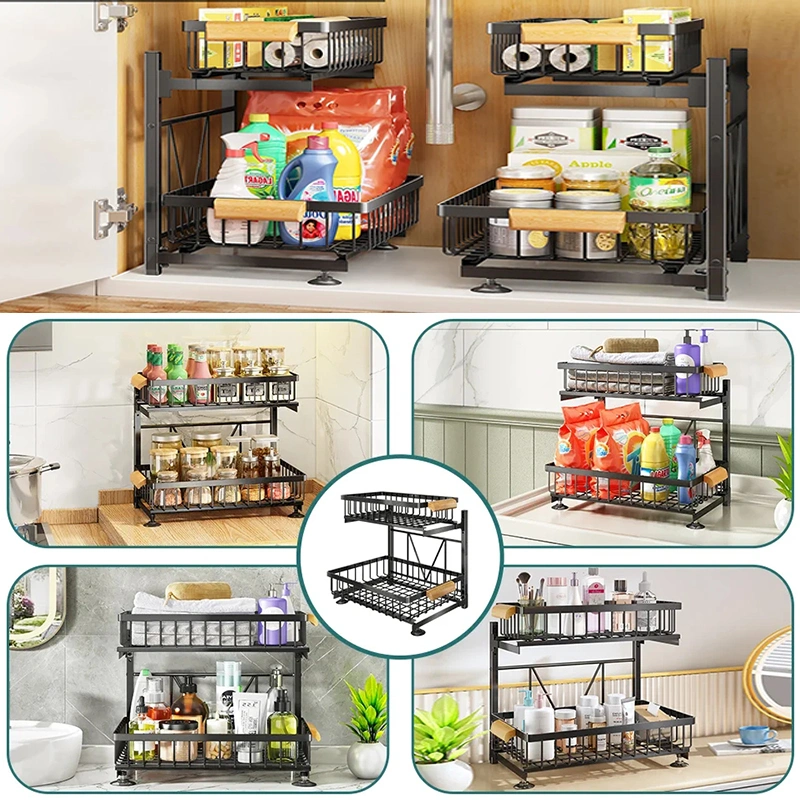 Amazon New 2 Tier Sliding Cabinet Basket Pull out Cabinet &amp; Expandable Under Sink Organizer Rack