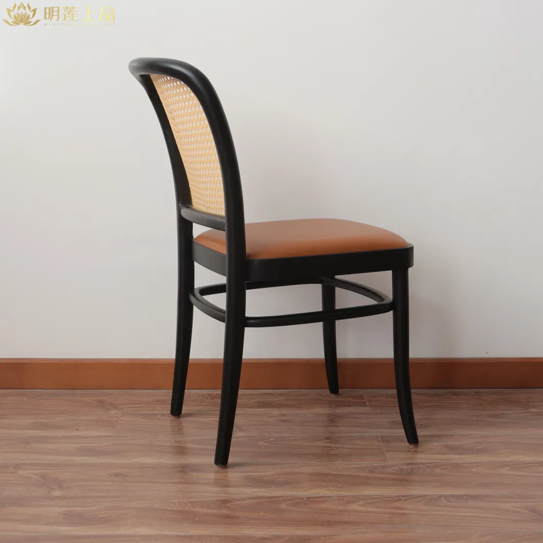 Modern Design Solid Wood Green PU Leather Upholstered Rattan Weaving Dining Room Furniture Restaurant Furniture Fast Food Furniture Wooden Chair
