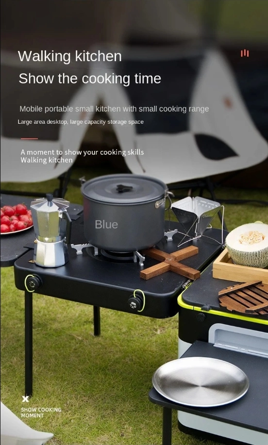 Portable Mobile Kitchen Equipped with Foldable Cooking Table and Storage Table for Outdoor Camping and Picnics