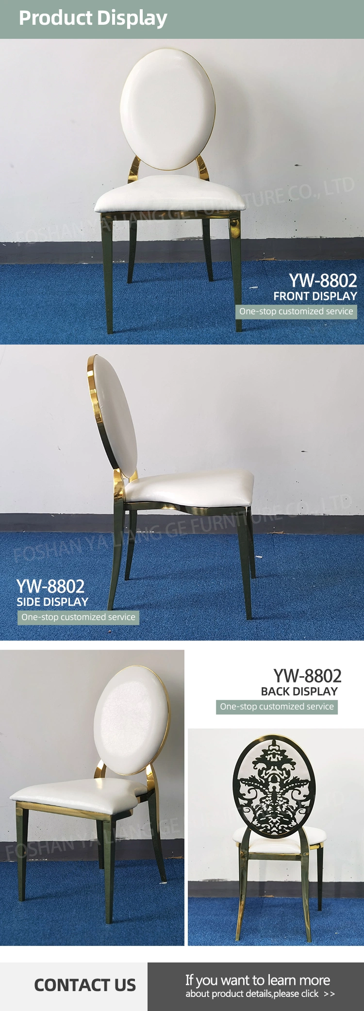 Gold Stainless Steel Banquet Dining Chair White PU Leather Hotel Wedding Chairs