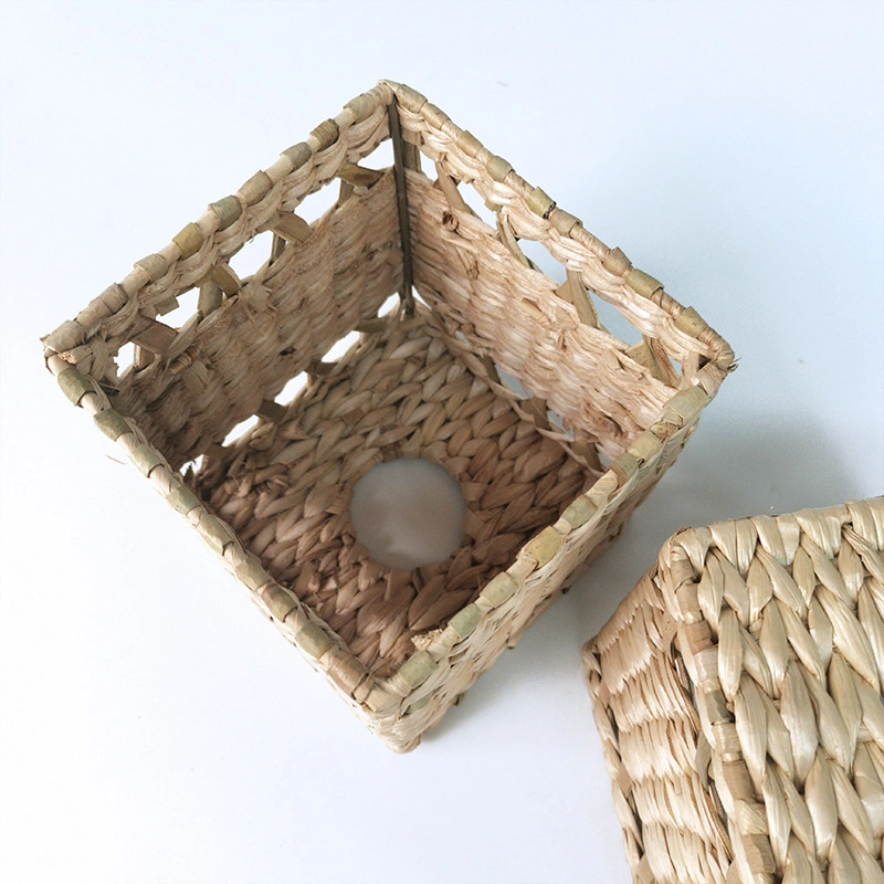 Square Natural Grass Woven Napkin Paper Holder Storage Basket with Holes