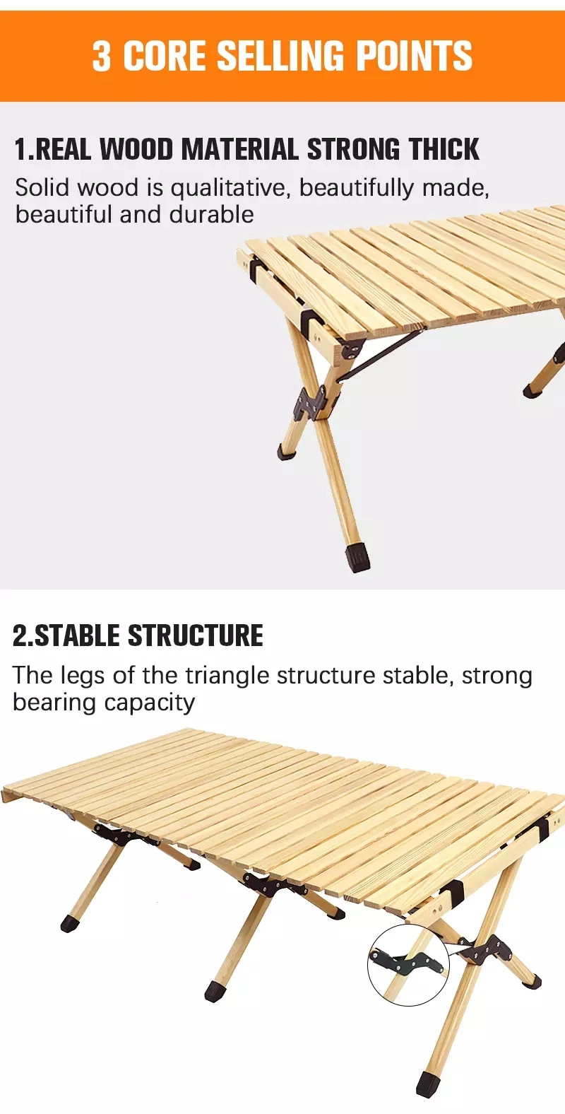 Outdoor Camping Folding Wooden Table Garden Portable Egg Roll Table