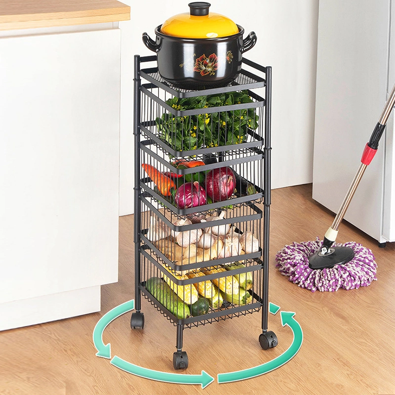 2-Tier Floor Standing 360 Rotating Fruit and Vegetables Basket Kitchen Storage Rack for Kitchen Living Room with Wheels Top Lids