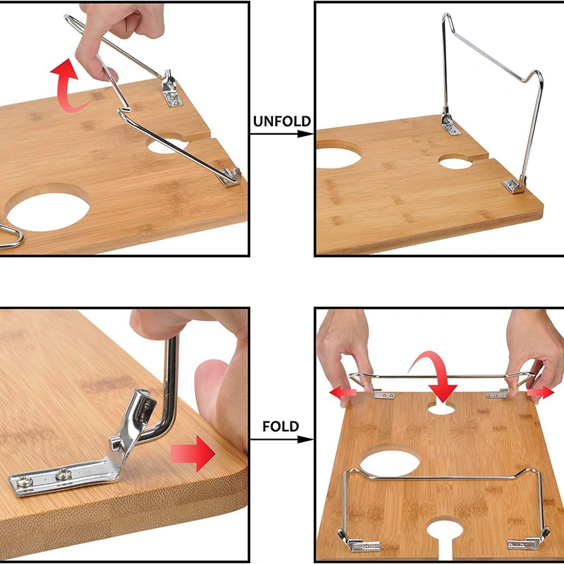 Outdoor Bamboo Picnic Wine Table with Glasses and Bottle Holder and Foldable Metal Base Tables