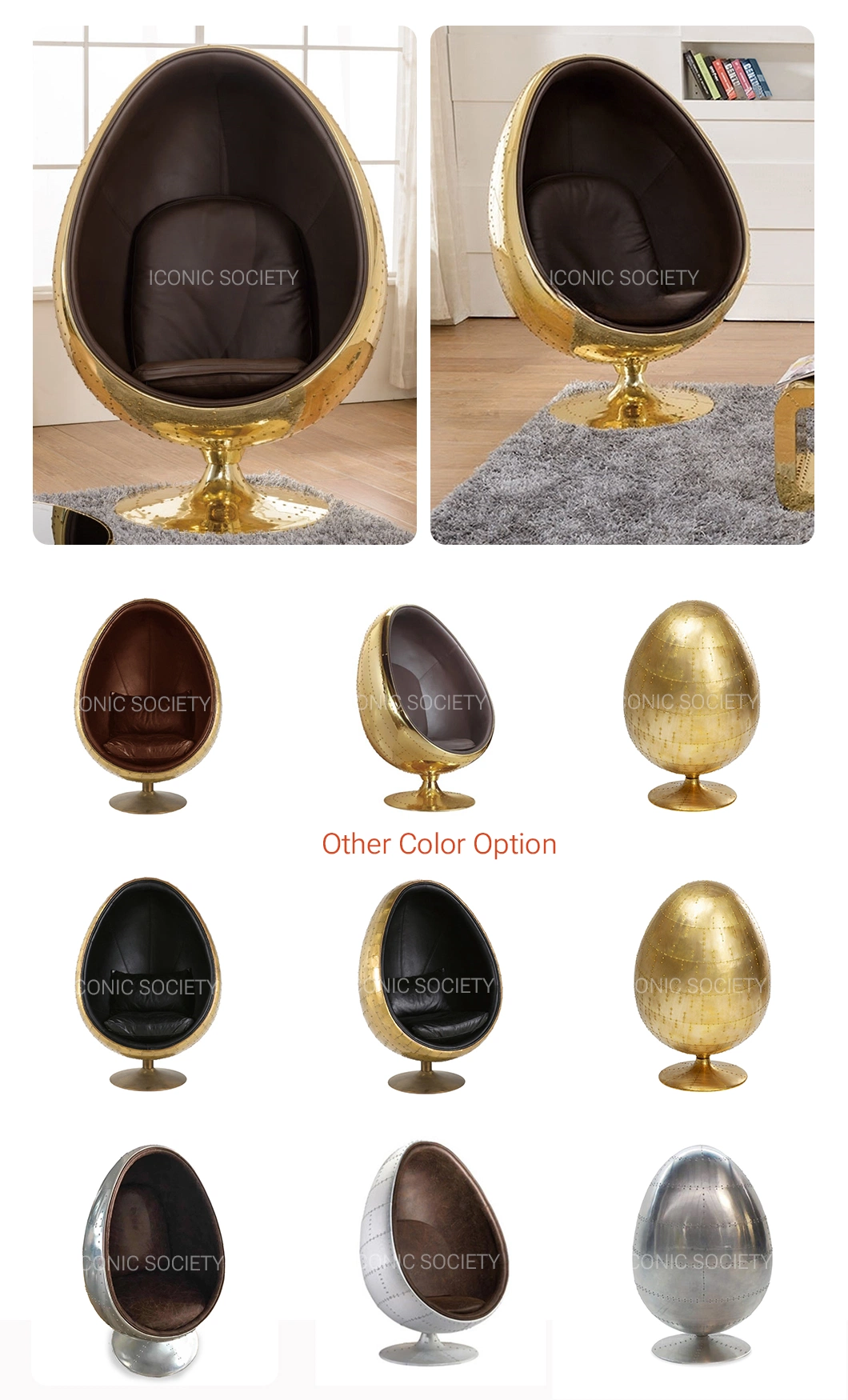 Industrial Club Hotel Home Furniture Metal Bar Egg Shape Golden Aviator Copper Sheet Leather Accent Chair