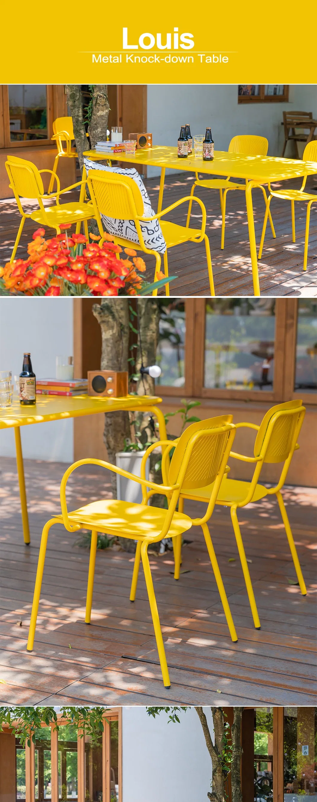 Garden Furniture Yellow Durable Metal Restaurant Furniture Outdoor Dining Chair with Armrest