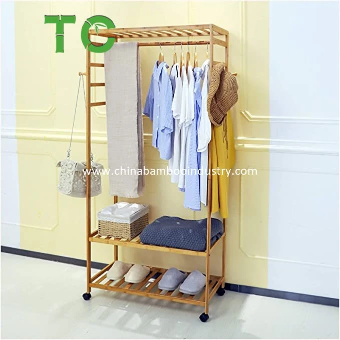 Multifunctional Bamboo Clothing Rack Wooden Garment Rack with Lockable Wheels and 4 Hooks