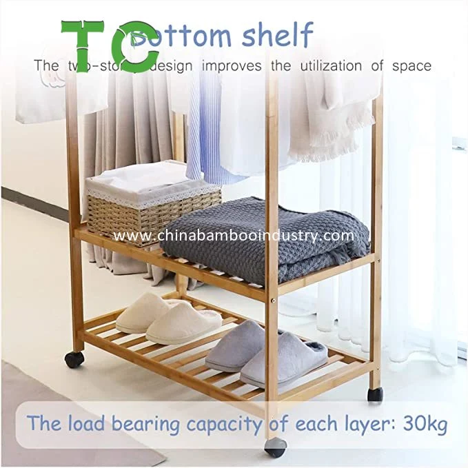 Multifunctional Bamboo Clothing Rack Wooden Garment Rack with Lockable Wheels and 4 Hooks